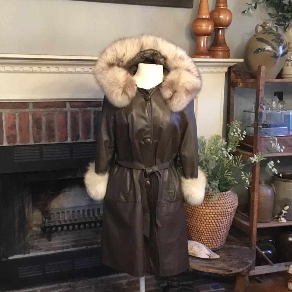 Women's Brown  Fox Fur-Trimmed Leather Vintage Coat with Hood